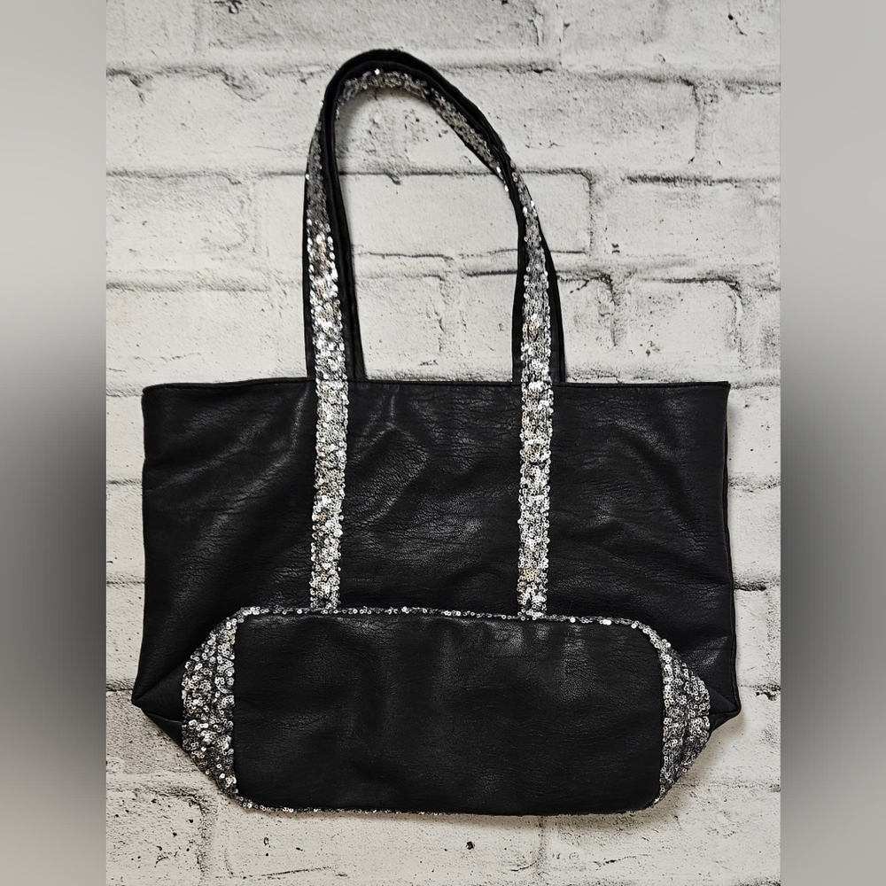 Bliss Black Faux Leather Tote Bag Silver Sequin Trim Glam Shoulder Bag - Picture 3 of 7